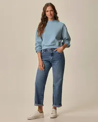 Blusão Básico Feminino Cropped Em Moletom Stretch Flanelado (AZUL) — foto 2