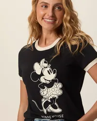 Camiseta Feminina Gola E Manga Contraste Minnie Mouse Em Algodão (PRETA) — foto 1