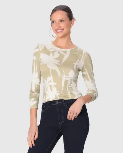 Blusa Feminina Justa Manga Longa Estampada Em Malha Viscolinho Stretch (AREIA) G