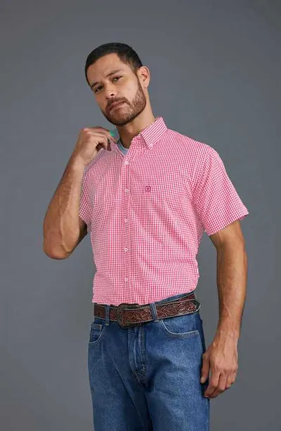 Camisa Regular Tricoline Bordada 2699C - 0052-ROSA - M