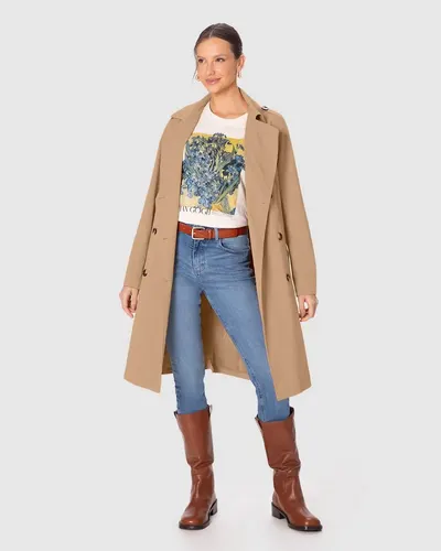 Casaco Trench Coat Feminino Com Cinto Fivela E Bolsos Em Tecido Sarjado (BEGE) M