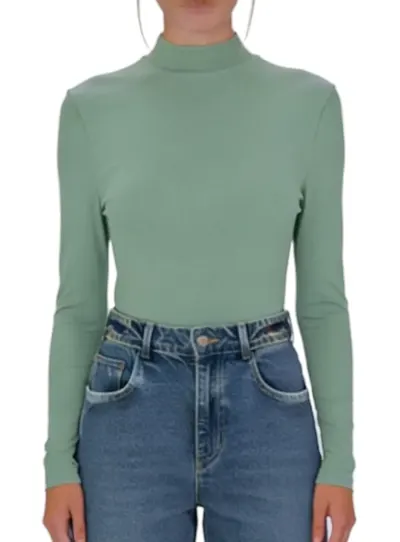Blusa Básica Feminina Gola Alta Manga Longa Em Malha Viscose Canelada - ENFIM