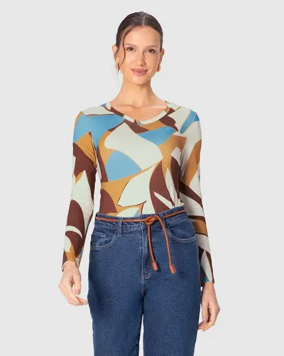 Blusa Justa Feminina Decote V Estampada Em Viscose Stretch P