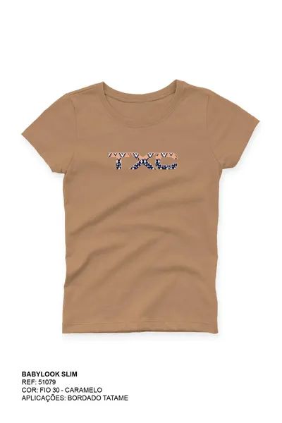 Camiseta Slim Meia Malha Penteada Bordada 51079 - 0014-CARAMELO - P
