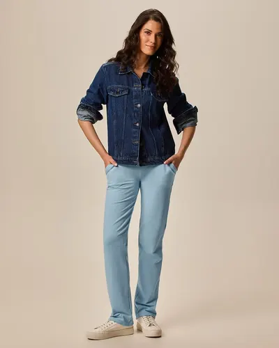 Calça Básica Feminina Reta Em Moletom Stretch Flanelado (AZUL) PP