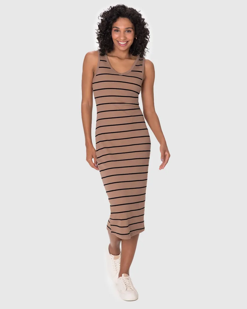 Vestido Midi Justo(a) (Listrado Marrom)