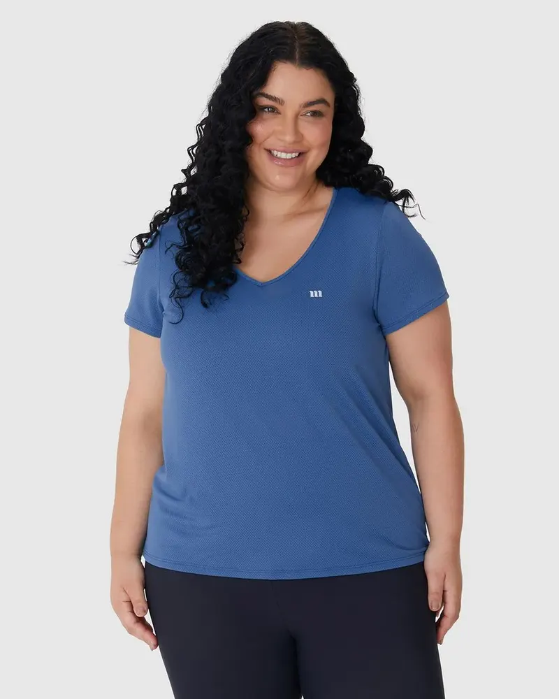 Blusa Feminina Plus Size Esportiva Mullet Em Malha Microfuros Dry Malwee Active (AZUL)