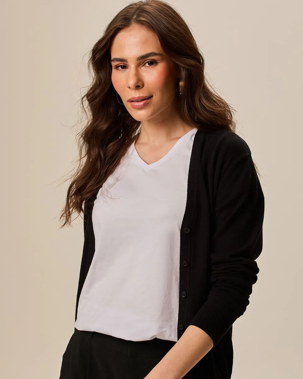 Cardigan Básico Feminino Decote V Em Tricô (PRETO) M