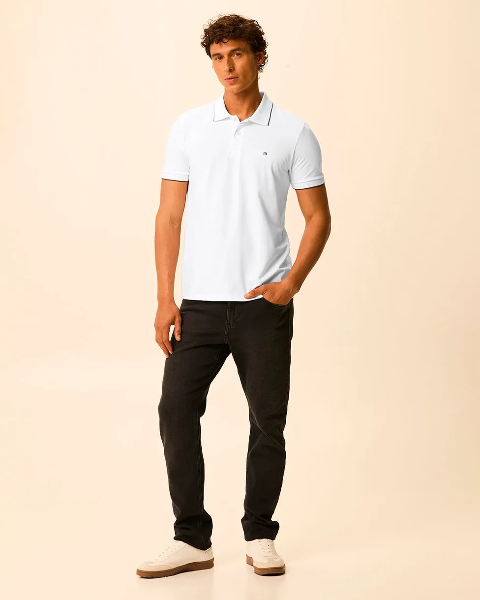Camisa Polo Básica Masculina Slim Detalhe Manga Piquet Stretch (BRANCA) — foto 3