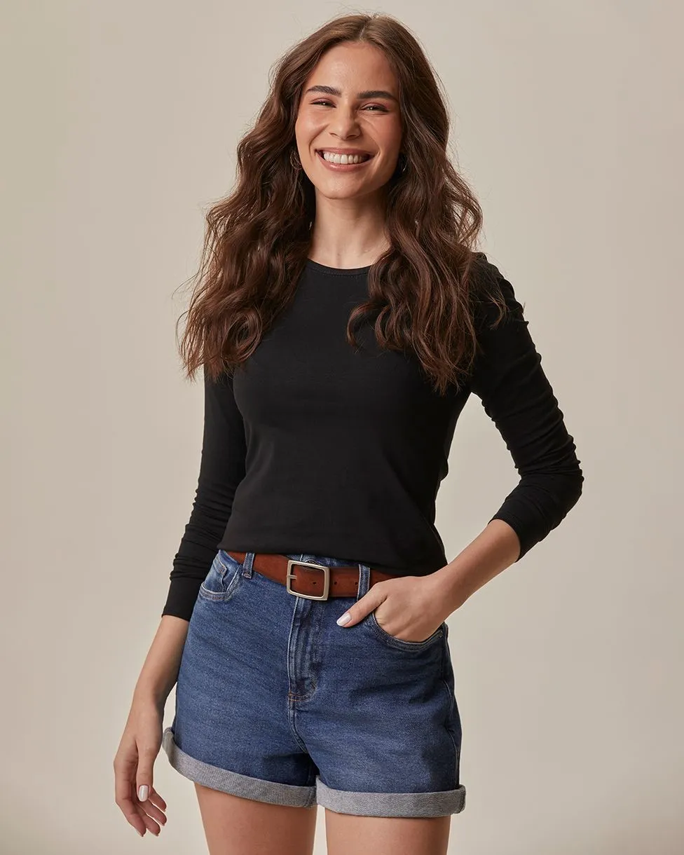 Blusa Básica Feminina Decote Redondo Em Algodão (PRETO) G
