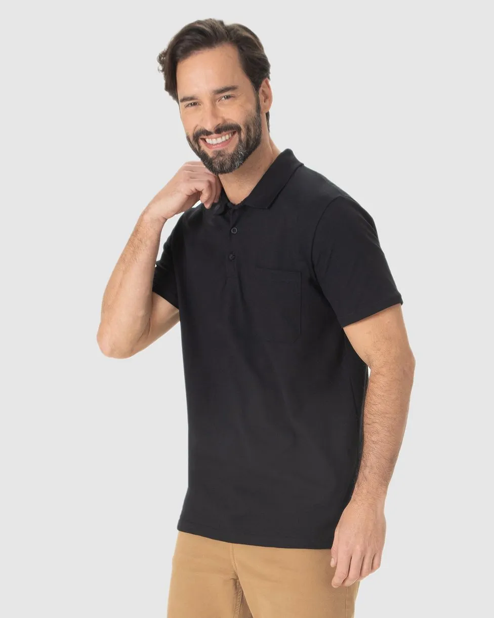 Camisa Polo Básica Masculina com Bolso Piquet Stretch (PRETA) GG