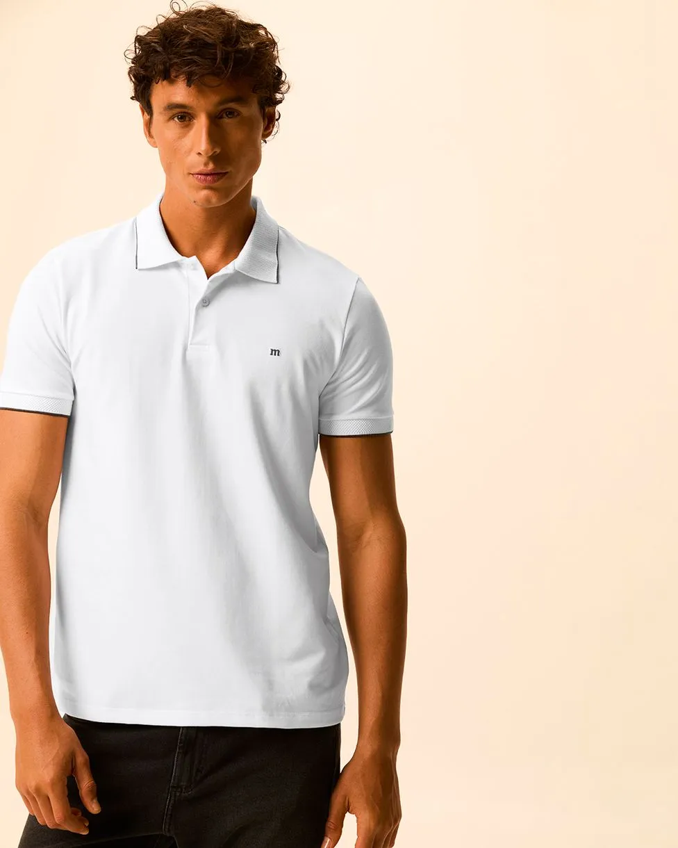 Camisa Polo Básica Masculina Slim Detalhe Manga Piquet Stretch (BRANCA)
