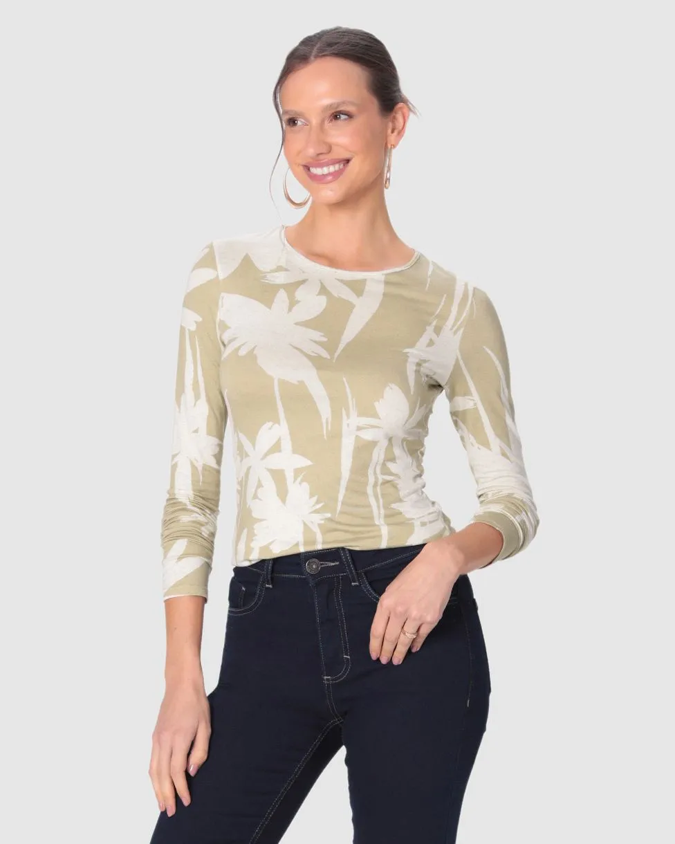 Blusa Feminina Justa Manga Longa Estampada Em Malha Viscolinho Stretch (AREIA) G