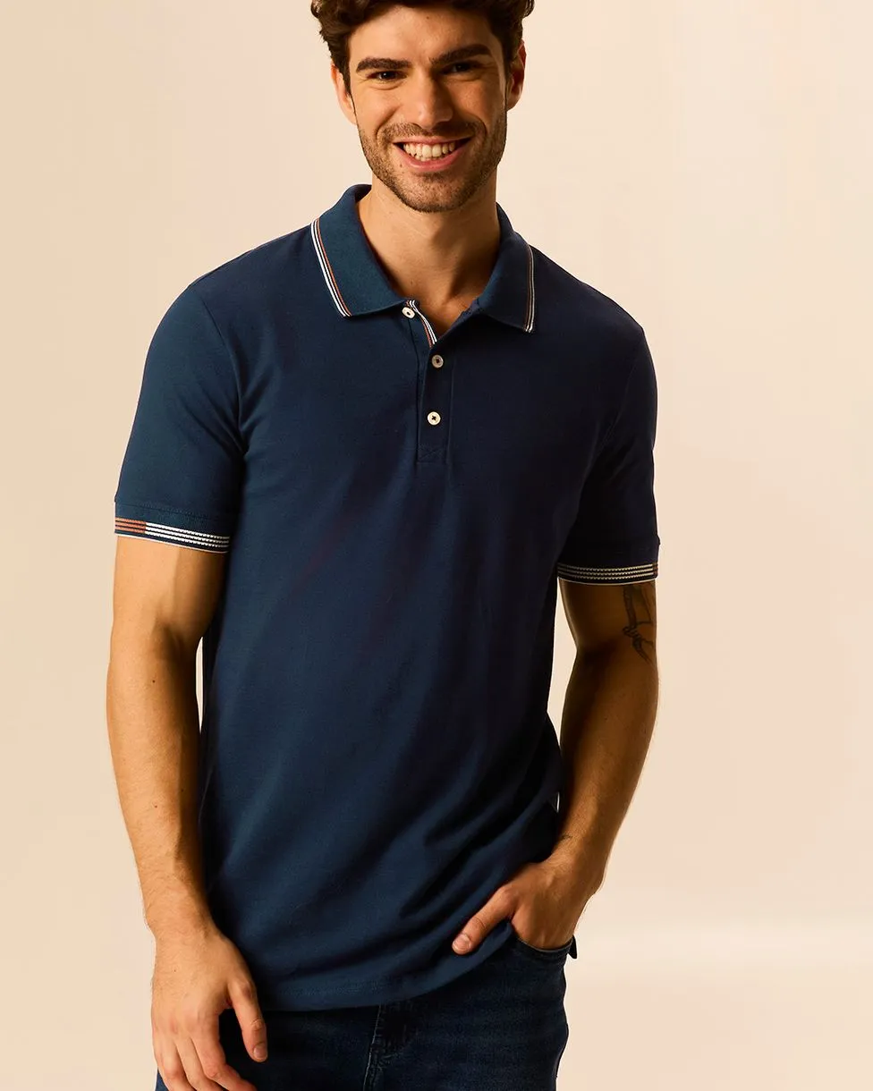 Camisa Polo Masculina Slim Detalhe Costura Em Piquet Stretch (Azul Marinho) M