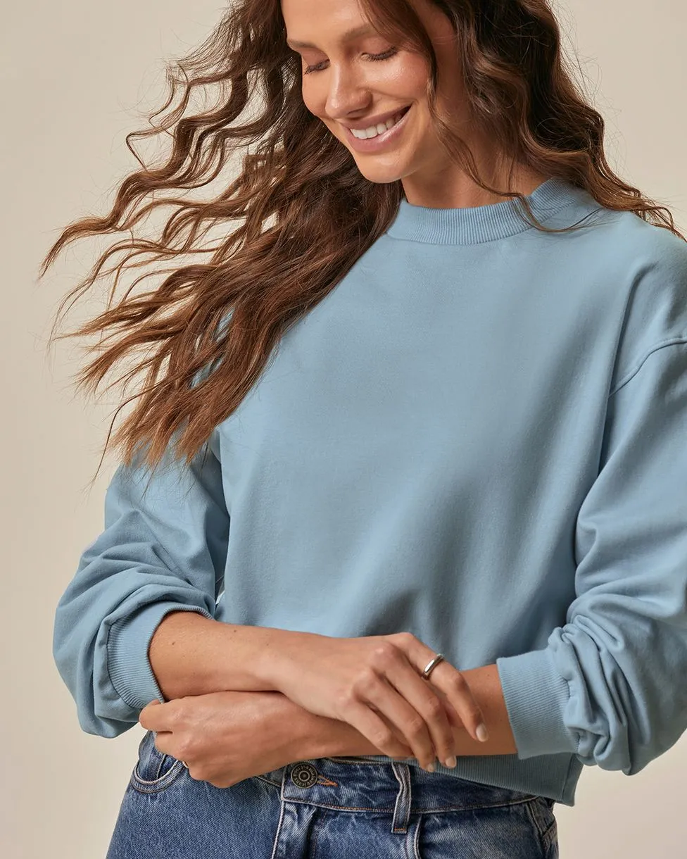 Blusão Básico Feminino Cropped Em Moletom Stretch Flanelado (AZUL) GG