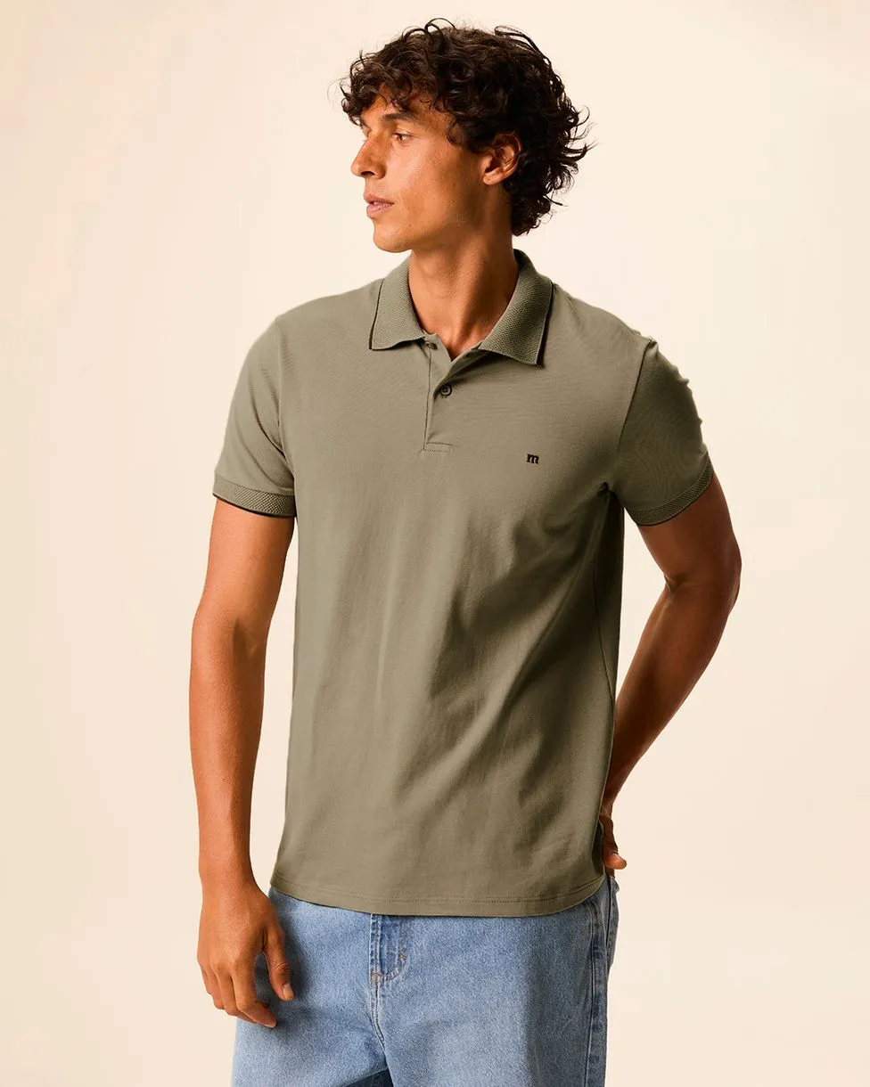 Camisa Polo Básica Masculina Slim Detalhe Manga Em Piquet Stretch (VERDE) P