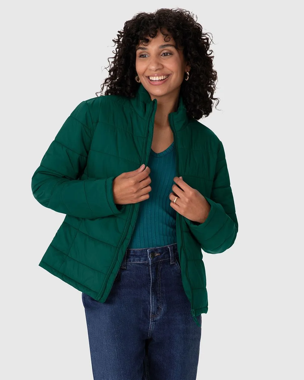 Jaqueta Básica Feminina Puffer Bolso Funcional Em Nylon (VERDE) M
