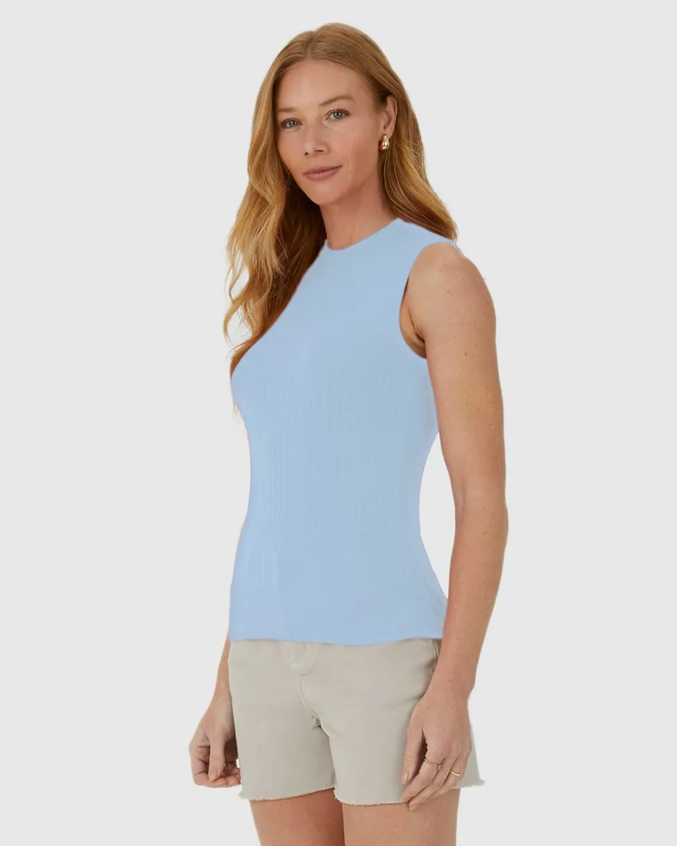 Regata Básica Feminina Gola Alta Em Canelado De Viscose (AZUL CLARO) XGG