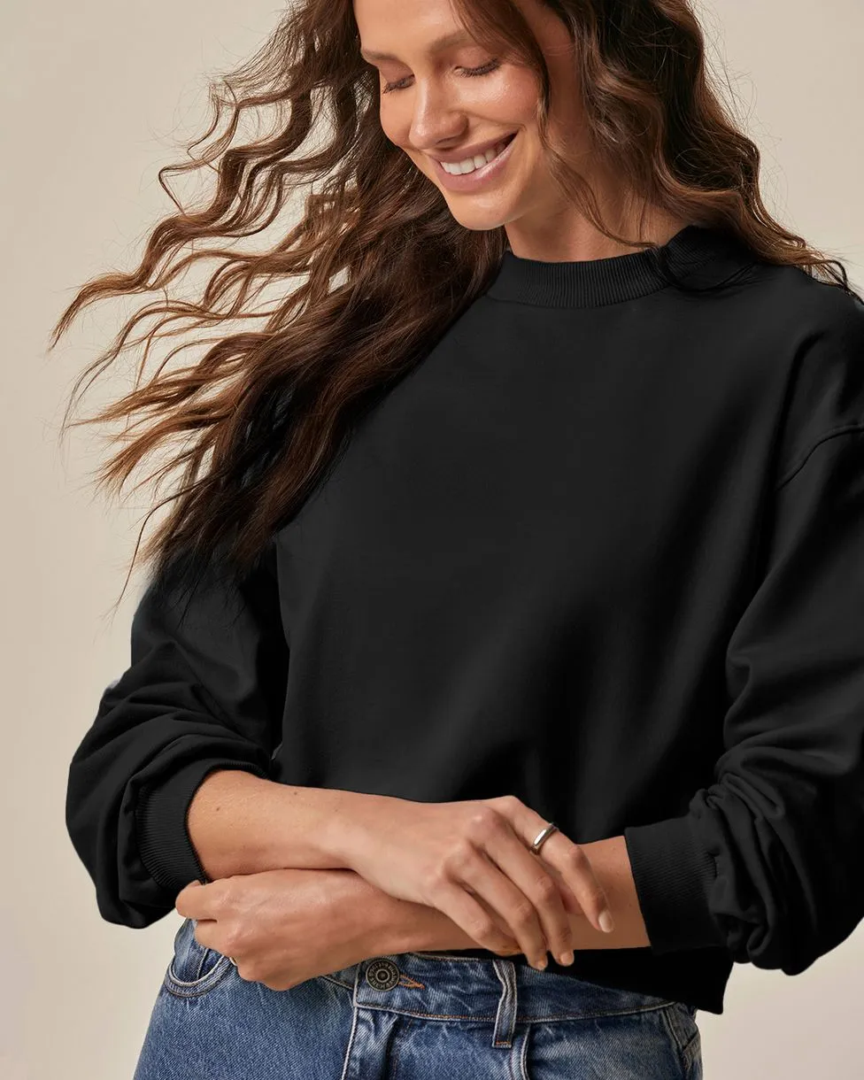 Blusão Básico Feminino Cropped Em Moletom Stretch Flanelado (PRETA) G