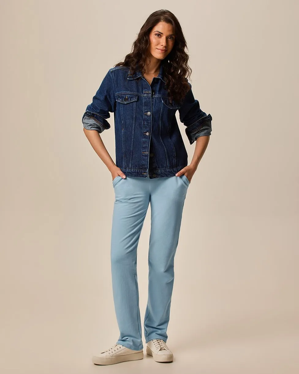 Calça Básica Feminina Reta Em Moletom Stretch Flanelado (AZUL) M