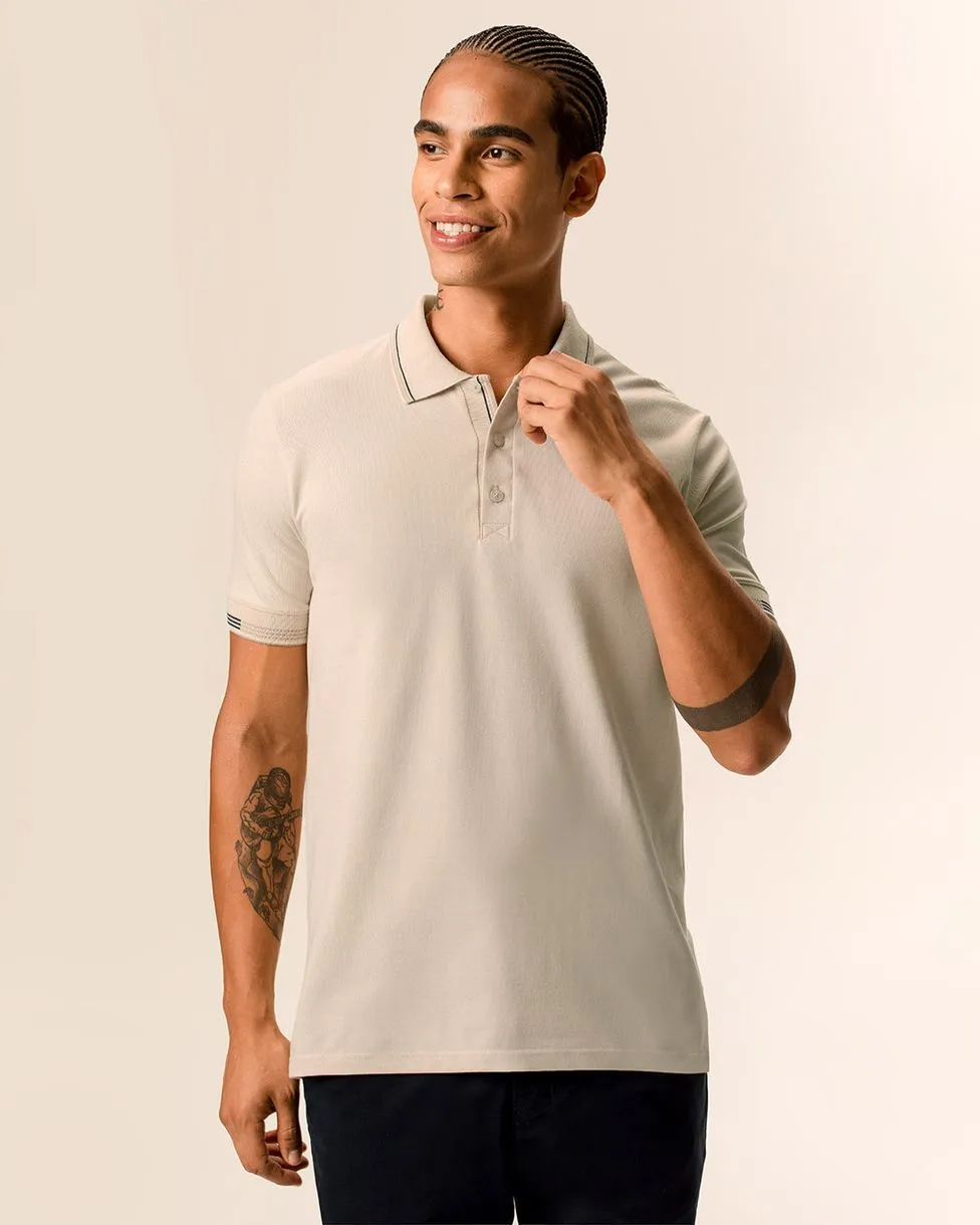 Camisa Polo Masculina Slim Detalhe Em Piquet Stretch (Areia) P