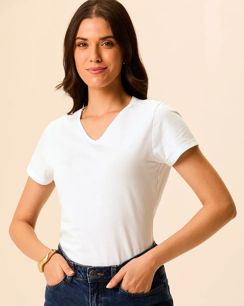 Camiseta Básica Feminina Slim Decote V Em Algodão (BRANCA) P