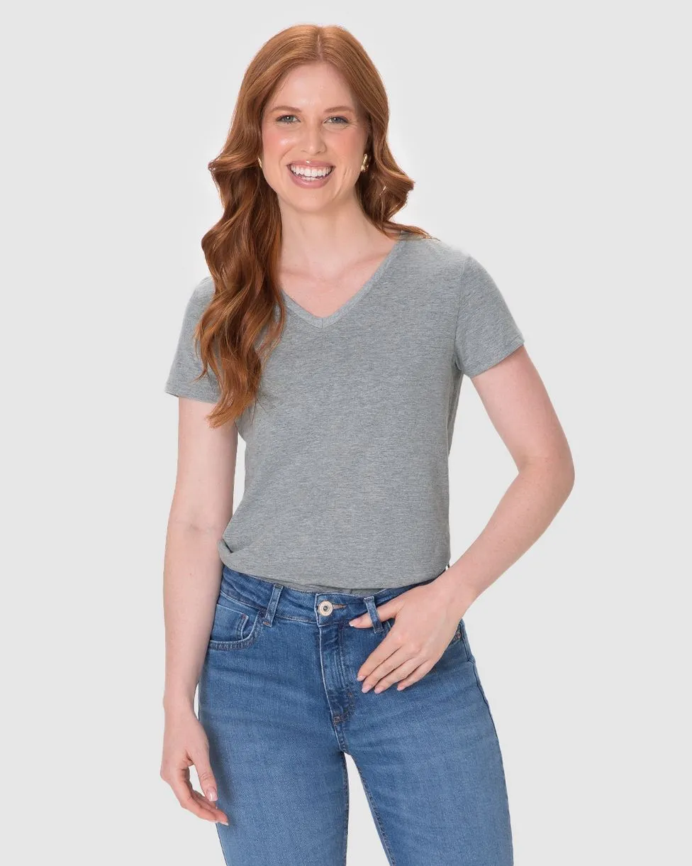 Camiseta Básica Feminina Slim Decote V Em Algodão (CINZA) P