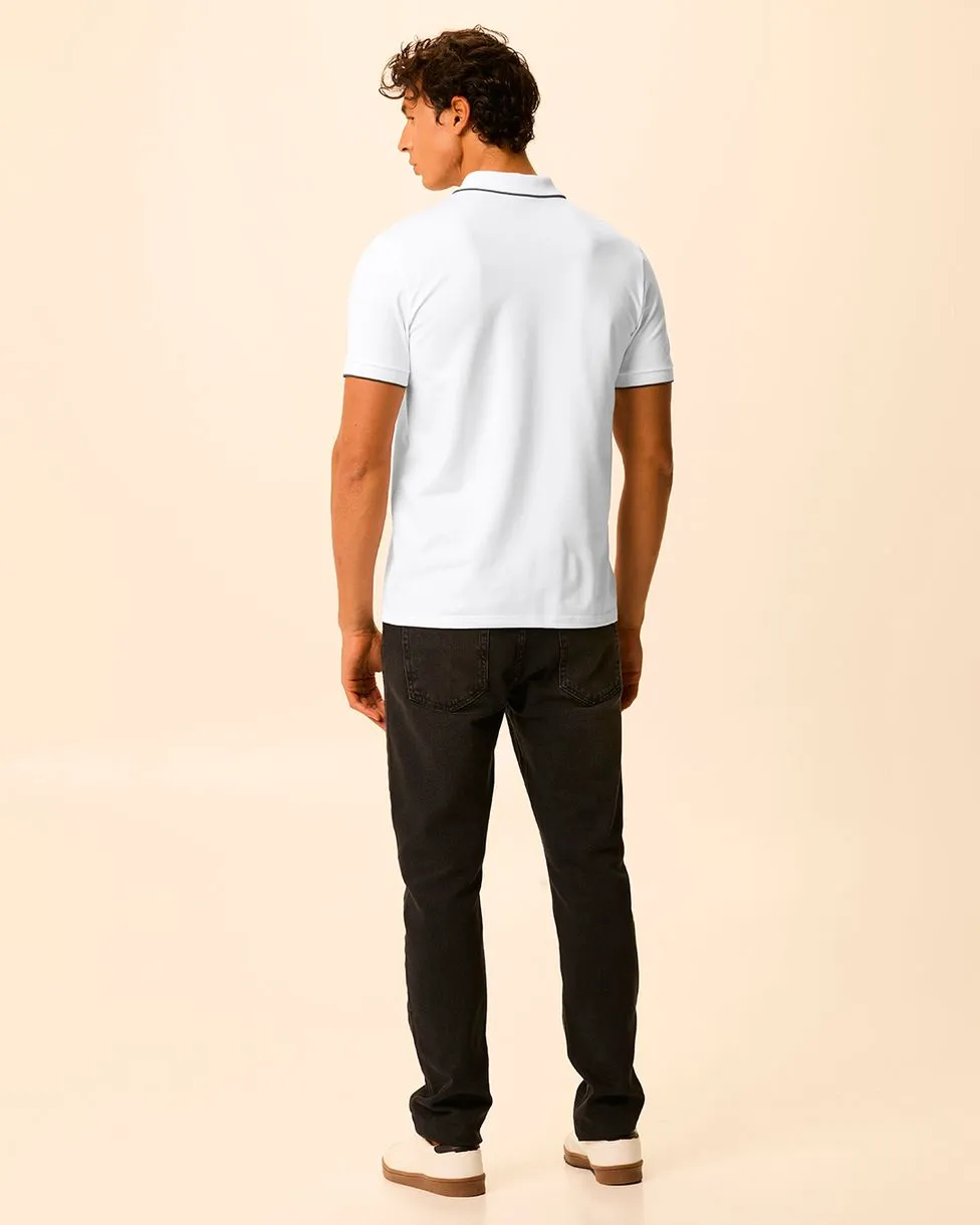 Camisa Polo Básica Masculina Slim Detalhe Manga Piquet Stretch (BRANCA) — foto 4