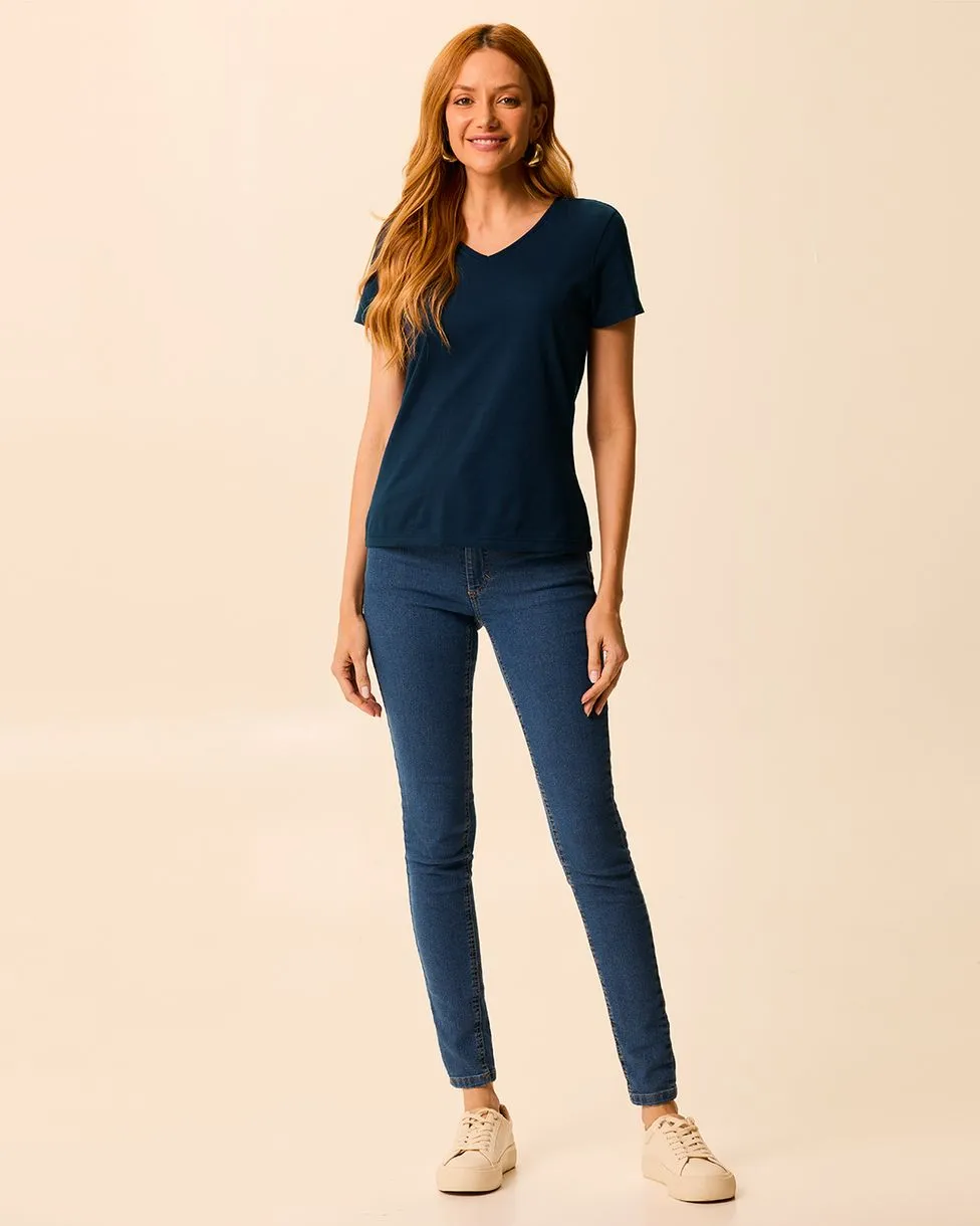 Camiseta Básica Feminina Slim Decote V Em Algodão (AZUL MARINHO) P