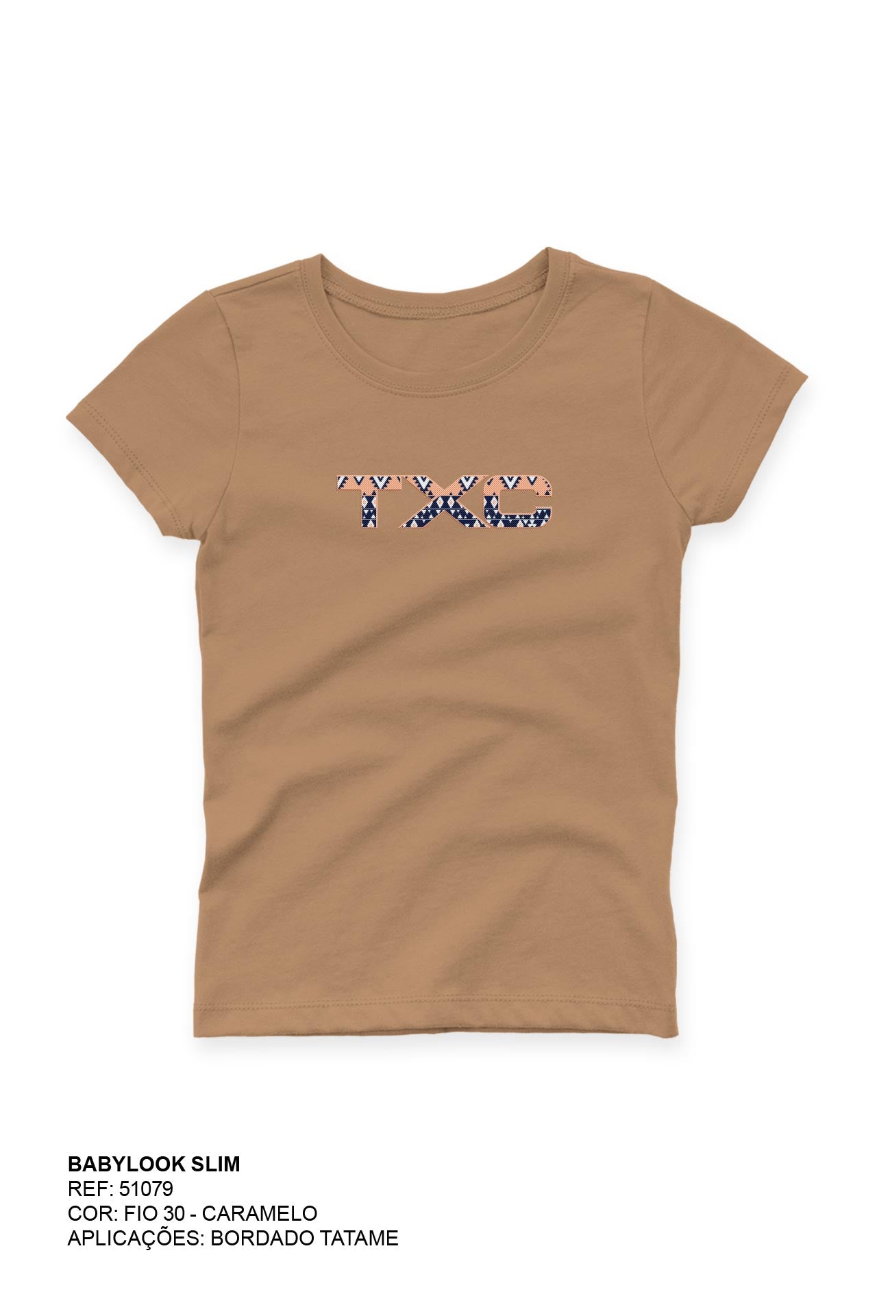 CAMISETA SLIM MEIA MALHA PENTEADA BORDADA 51079 - 0014-CARAMELO - P
