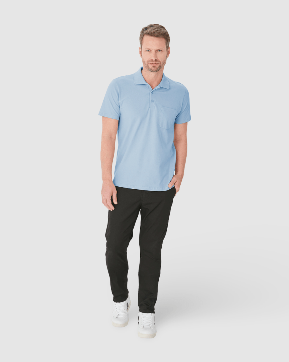 Camisa Polo Básica Masculina com Bolso Piquet Stretch (AZUL CLARO) GG