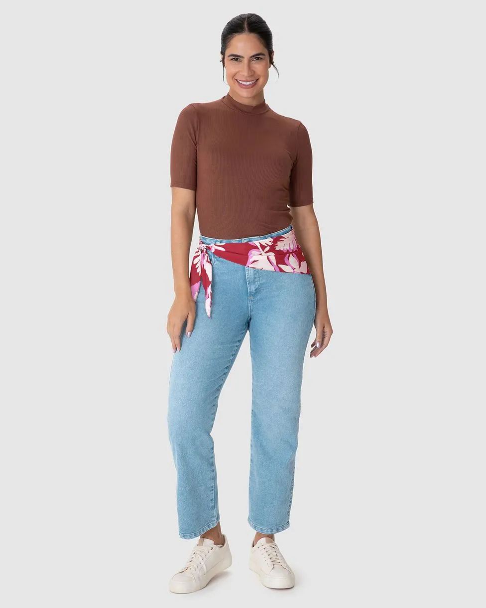 Calça Feminina Reta Cropped Com Lenço Estampado Em Jeans Stretch 36